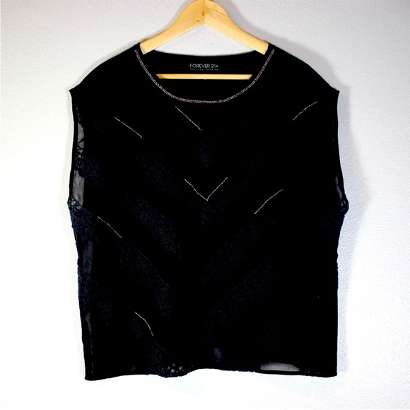 FOREVER 21LACE BEADED CHIFFON BLACK BLOUSE IN PLUS X1 - Picture 1 of 9